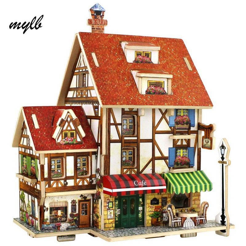 Mylb 3d 나무 퍼즐 diy 모델 키즈 장난감 프랑스 프랑스 스타일 커피 하우스 퍼즐, 퍼즐 3d 빌딩, 나무 퍼즐 무료 배송
